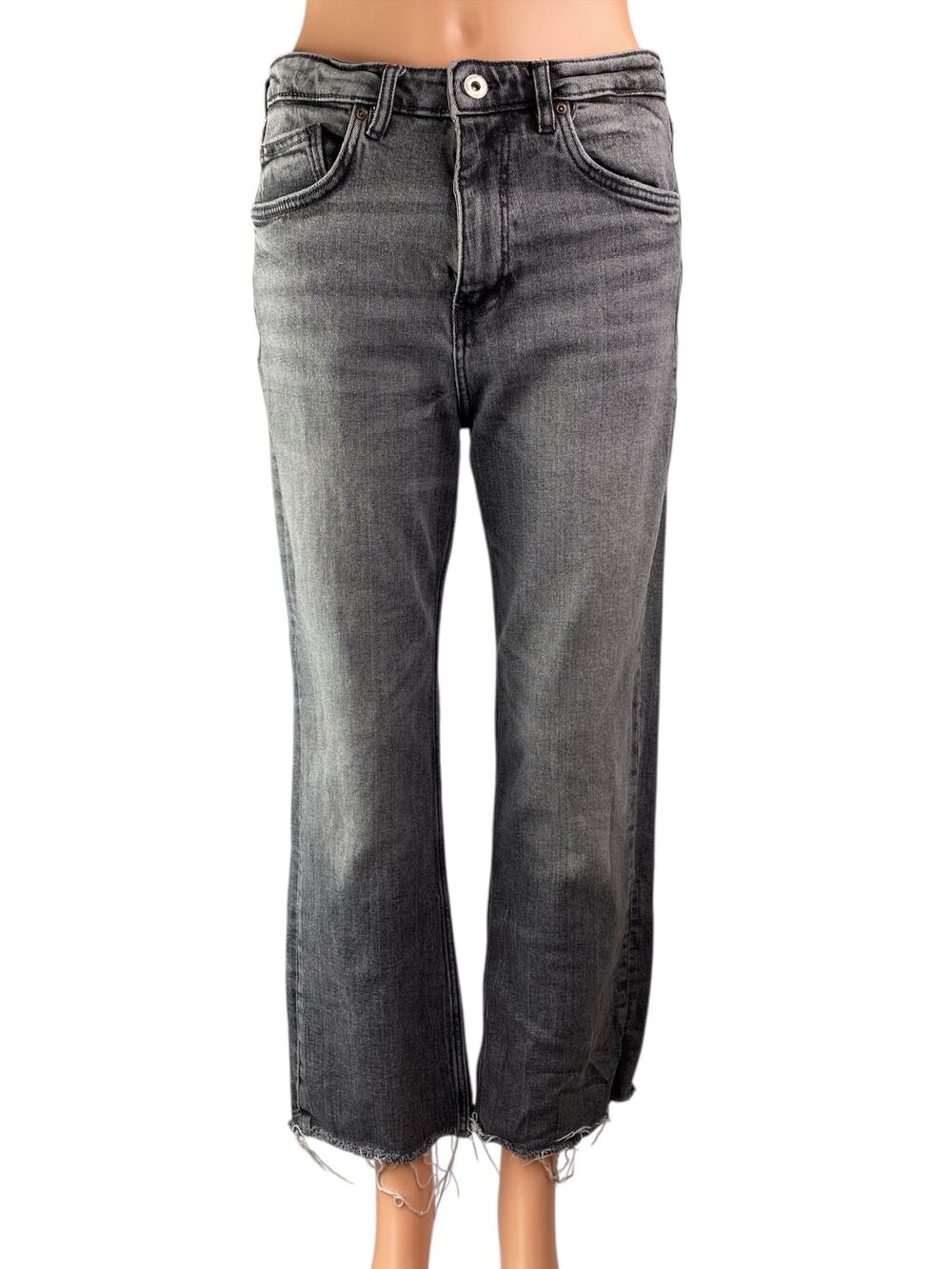 Zara Women's Gray High Waisted Frayed Raw Hem Flared Bootcut Denim Jeans Pants 8